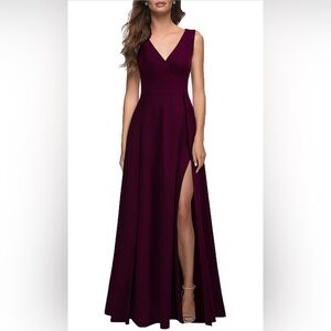 MUSHARE Burgundy V Neck Sleeveless Split Formal Cocktail Party Prom Long Dress